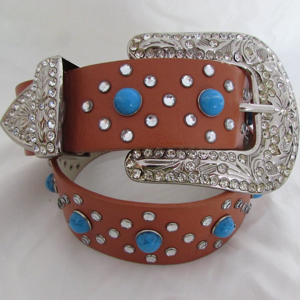 BHW Women's Rhinestone Brown Leather Rodeo Belt XS